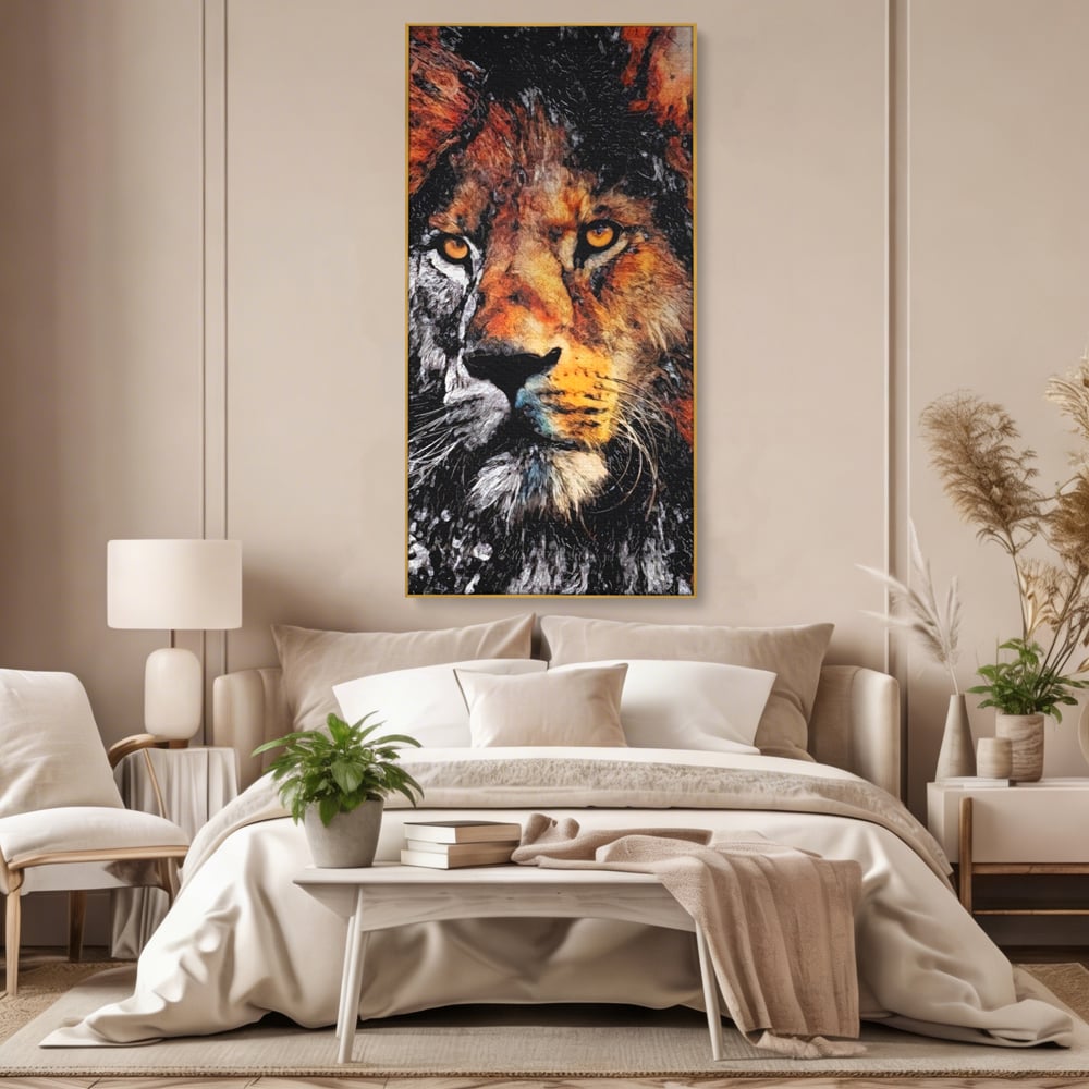 Tablou canvas cu tablou canvas cu leu stilizat, in rama de aluminiu auriu, pe perete intr-un dormitor